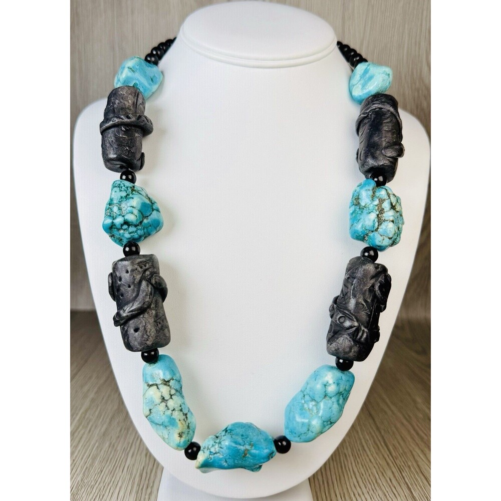 Aqua Dyed Natural Stone and Bead Necklace 24” Chunky Black Tribal Howlite